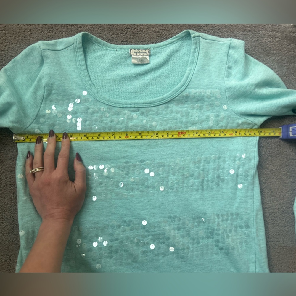 Eyeshadow Teal Sequin Sweatshirt | Size S | Sparkly Y2K Cozy Pullover - Picture 6 of 9